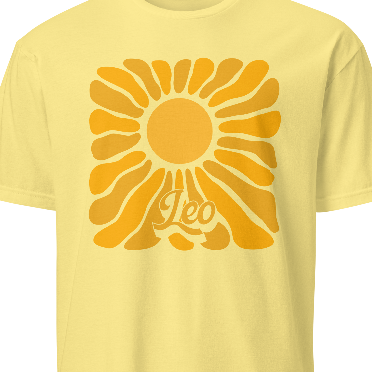 Yellow t-shirt with a sun design and 'Leo' text on a white background