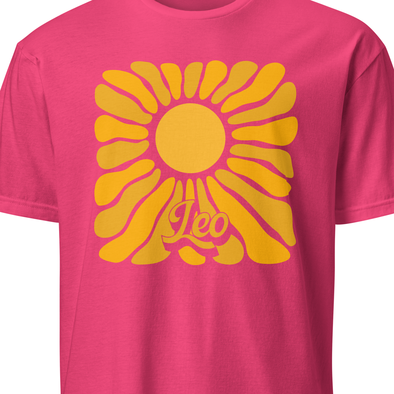 Pink t-shirt with yellow sunflower design and 'Leo' text on a white background
