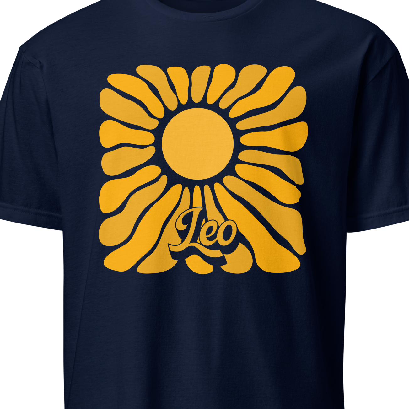 Navy blue t-shirt with yellow sun design and 'Leo' text on a white background