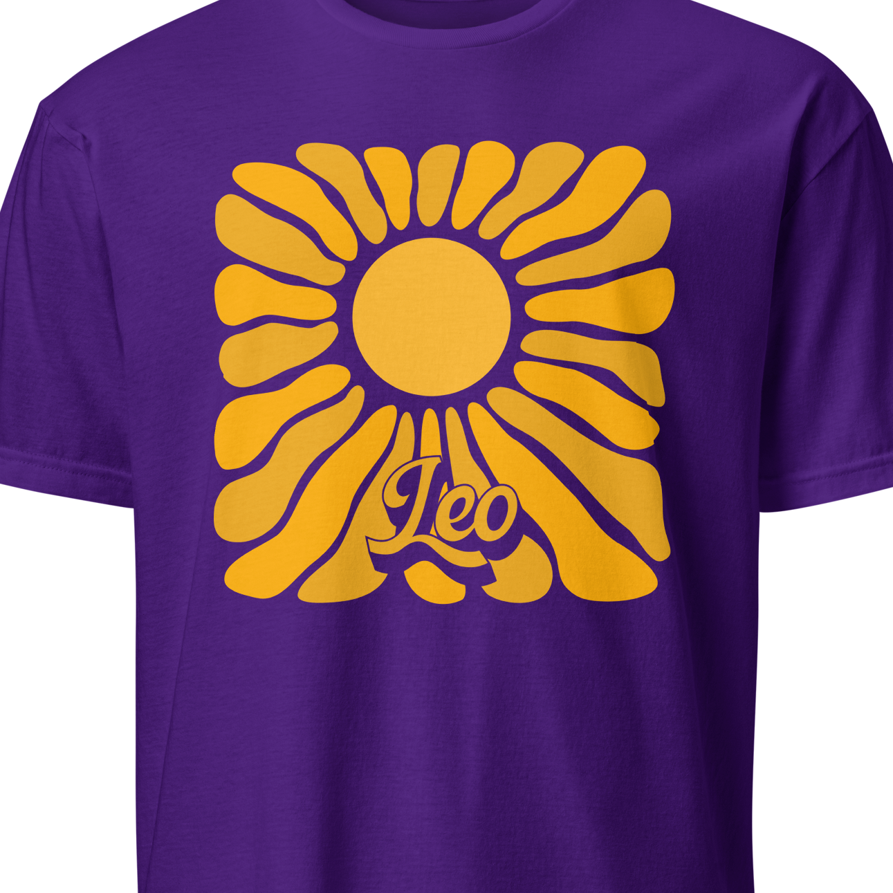 Purple t-shirt with yellow sun design and 'Leo' text on a white background