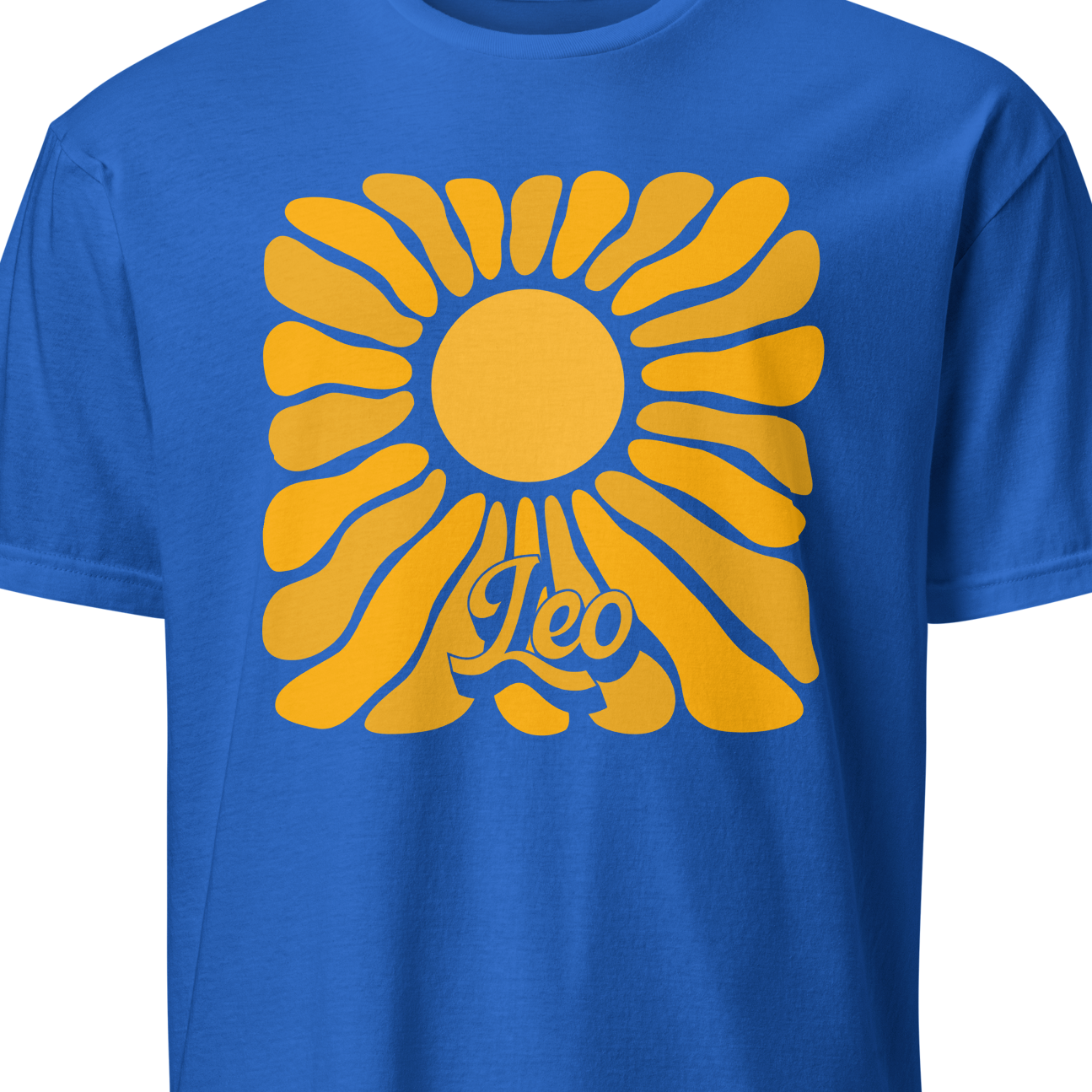 Blue t-shirt with yellow sunflower design and 'Leo' text on a white background