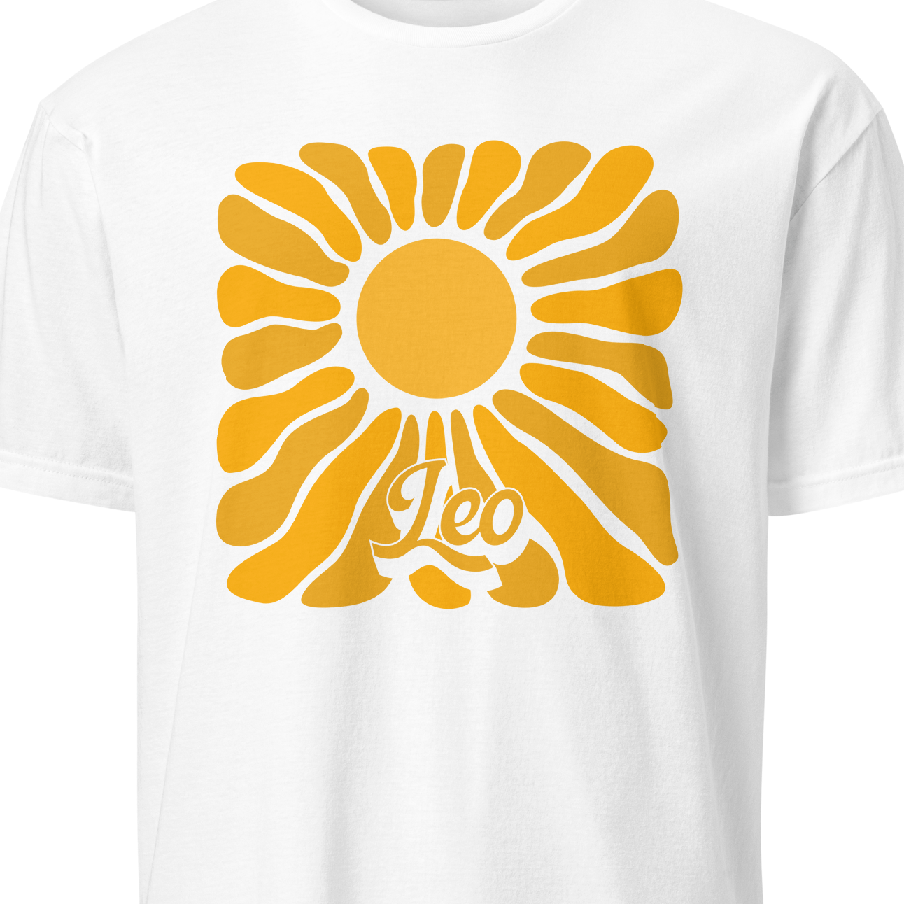 White t-shirt with yellow 'Leo' symbol design on a white background