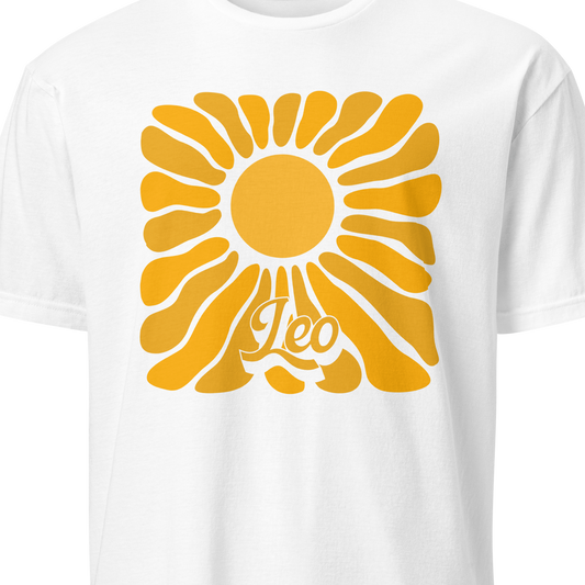 White t-shirt with yellow 'Leo' symbol design on a white background