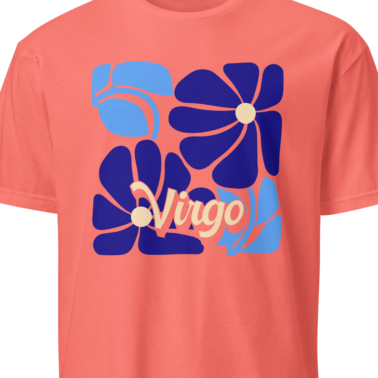 Coral t-shirt with blue and purple floral design and 'Virgo' text on a white background