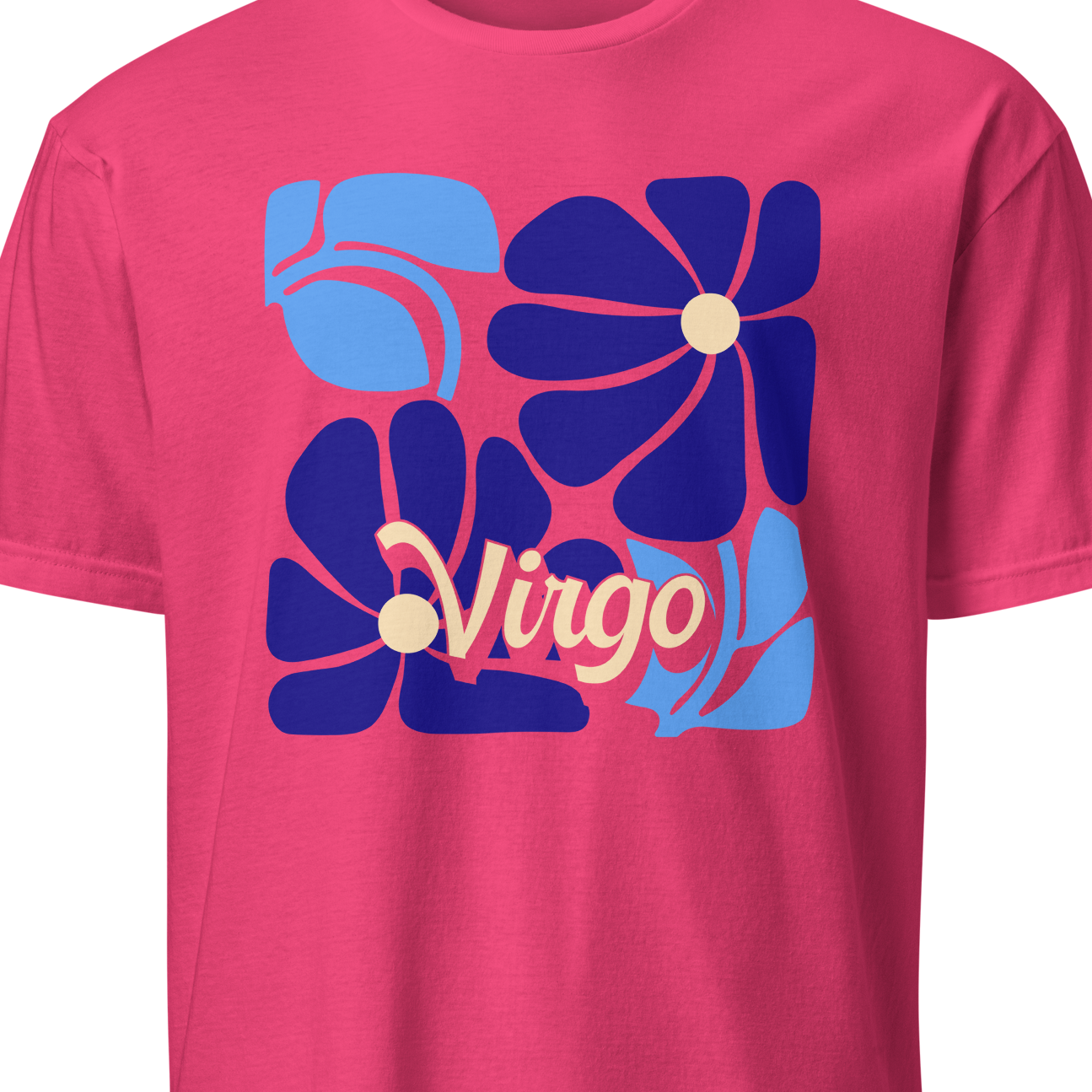 Pink t-shirt with blue and purple floral design and 'Virgo' text on a white background