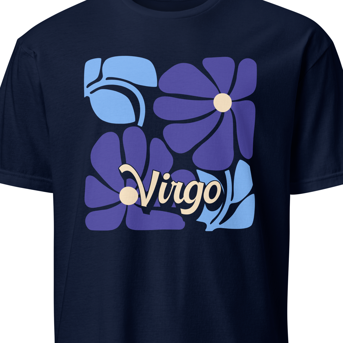 Navy blue t-shirt with floral design and 'Virgo' text on a white background
