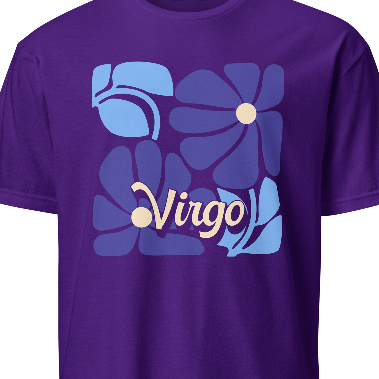 Purple t-shirt with blue floral design and 'Virgo' text on a white background