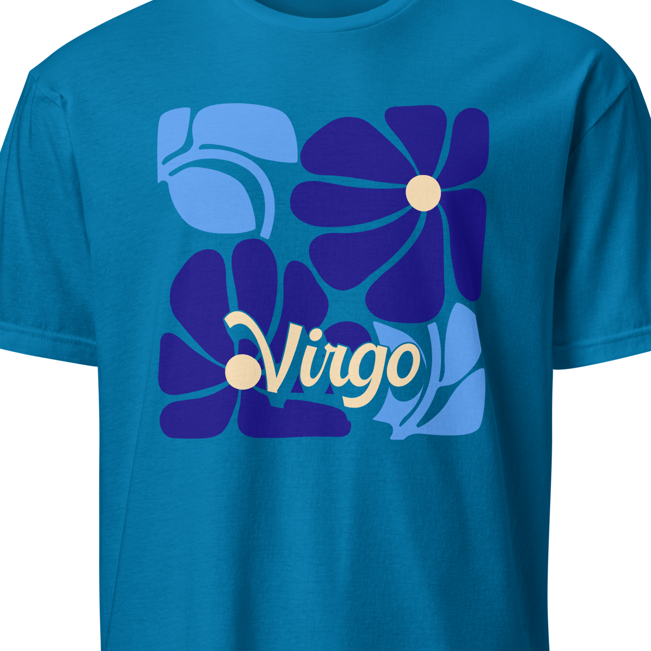 Blue t-shirt with floral design and 'Virgo' text on a white background