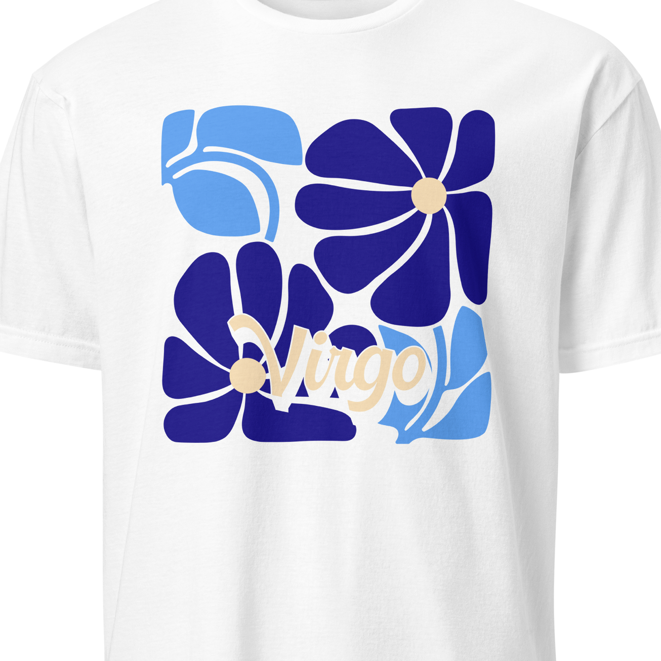 White t-shirt with blue floral design and 'Bingo' text on a white background