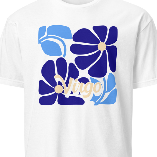 White t-shirt with blue floral design and 'Bingo' text on a white background
