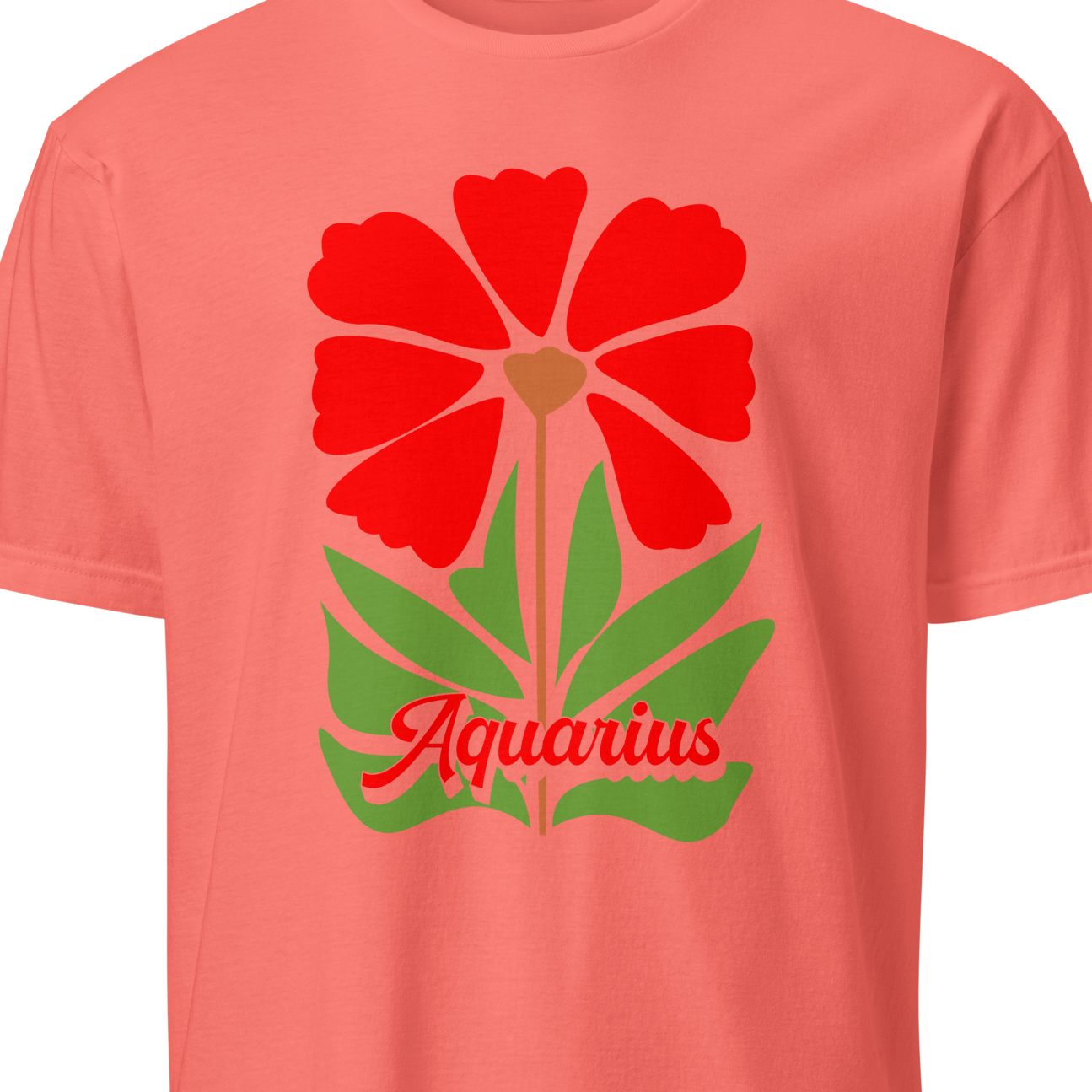 Coral t-shirt with red flower and green leaves design on a white background