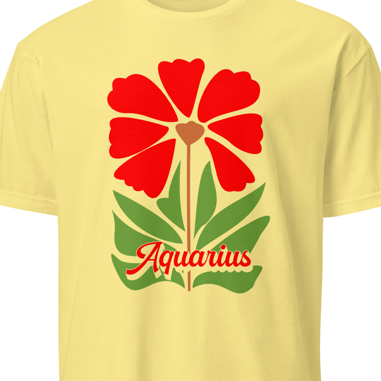 Yellow t-shirt with red flower and green leaves design on a white background