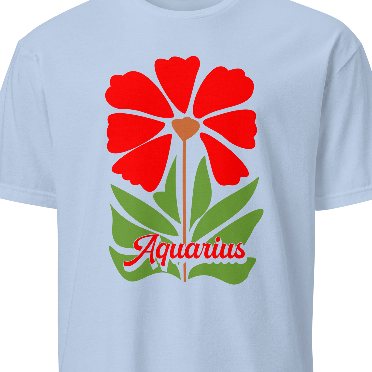 Light blue t-shirt with red flower and green leaves design on a white background