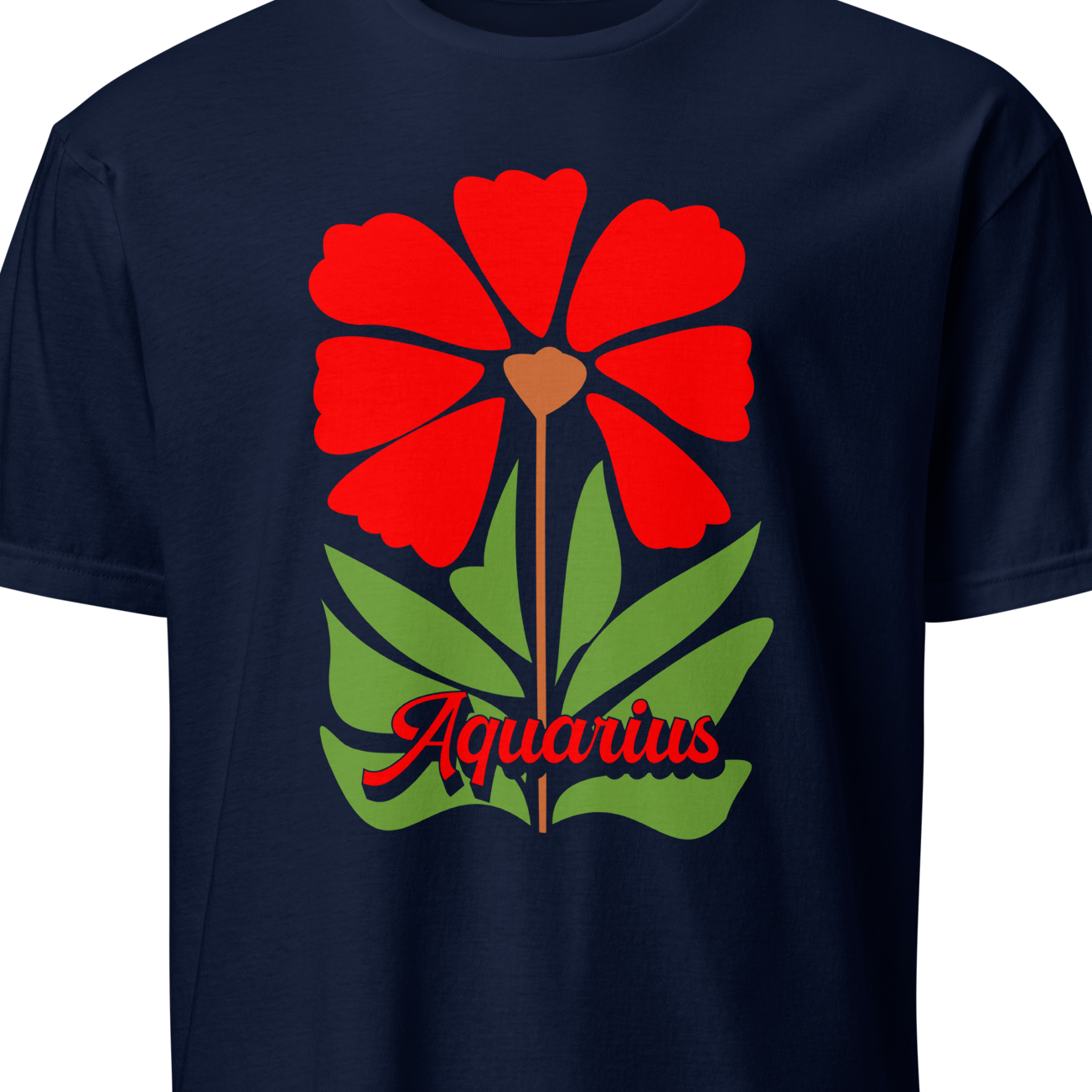 Navy blue t-shirt with a red flower and green leaves design on a white background