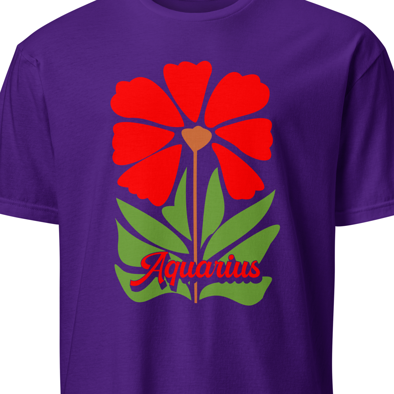 Purple t-shirt with red flower and green leaves design on a white background
