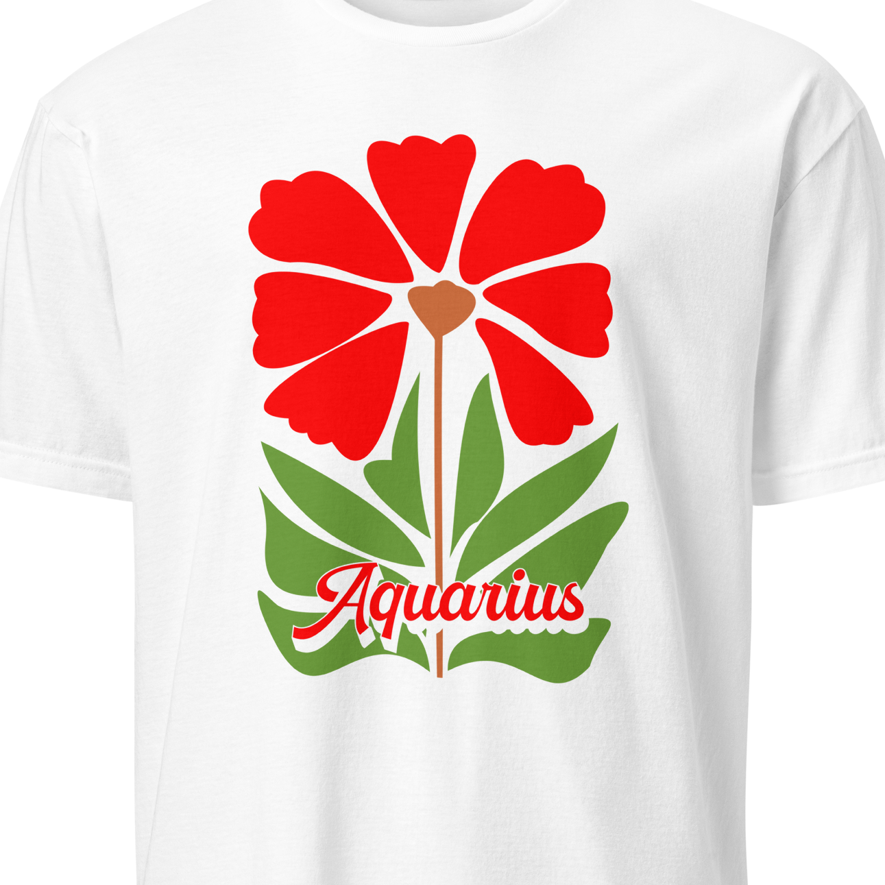 White t-shirt with red flower and green leaves design on a white background
