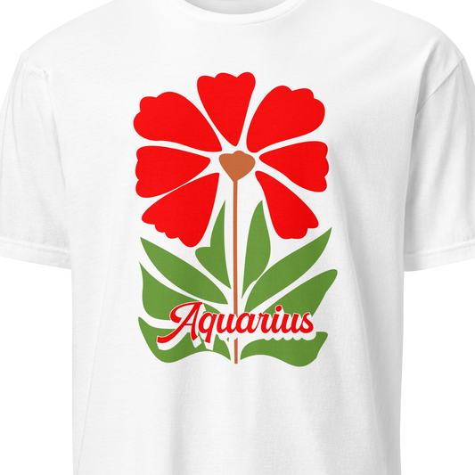 White t-shirt with red flower and green leaves design on a white background