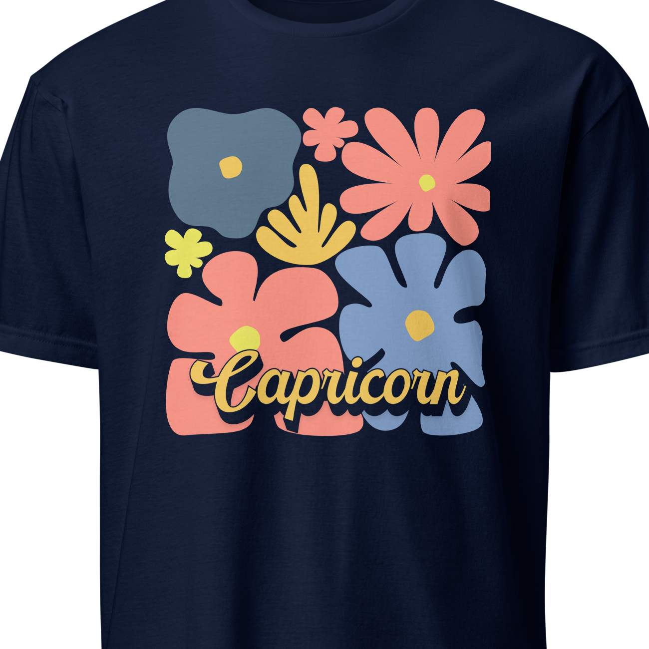 Navy blue t-shirt with colorful floral design and 'Capricorn' text on a white background