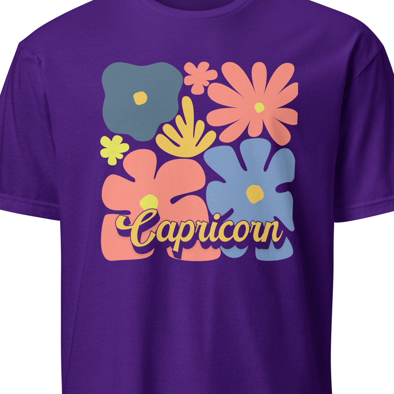 Purple t-shirt with colorful floral designs and 'Capricorn' text on a white background