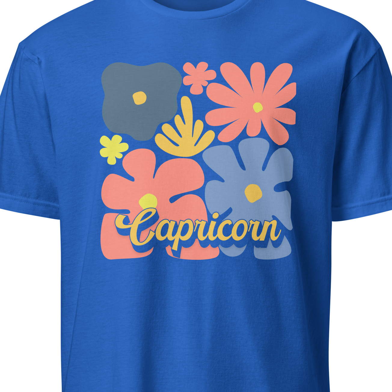 Blue t-shirt with colorful floral designs and 'Capricorn' text on a white background