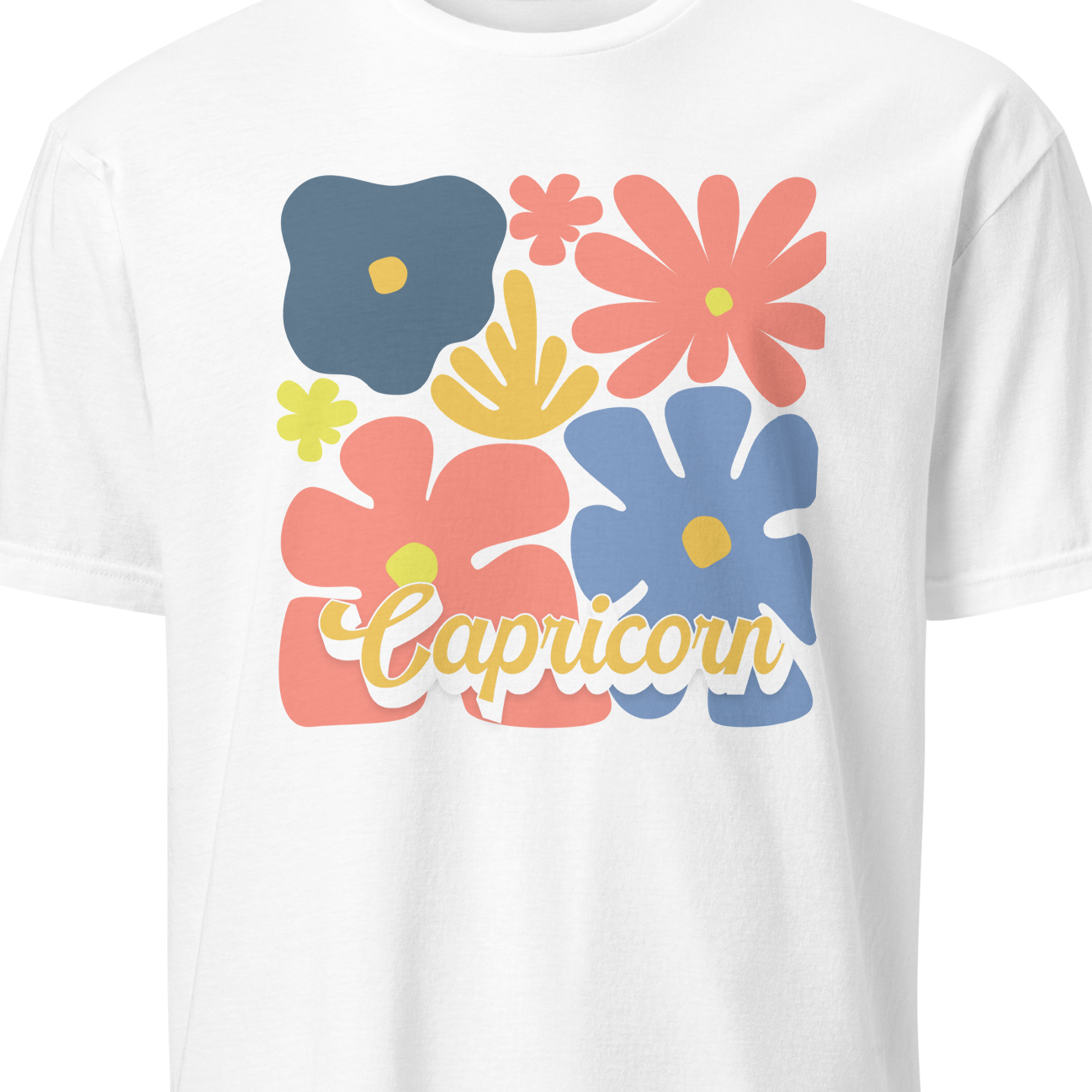 White t-shirt with colorful floral designs and 'Capricorn' text on a white background