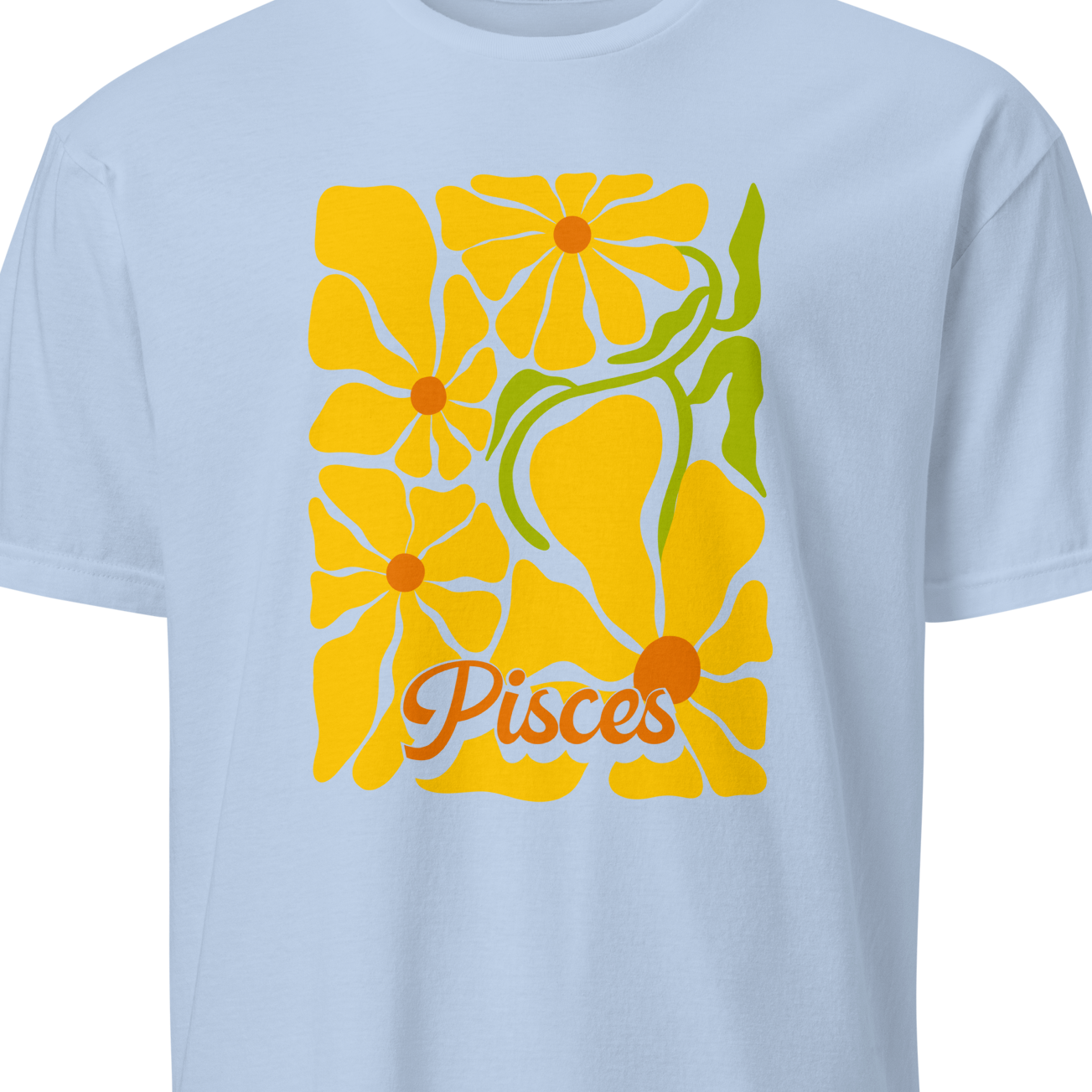 Light blue t-shirt with yellow floral design and 'Pisces' text on a white background