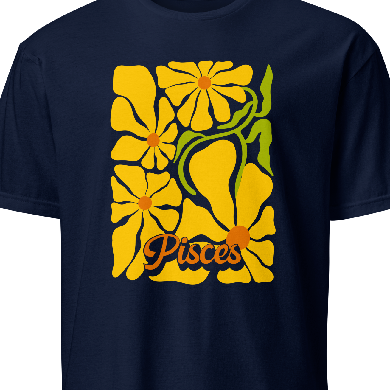 Navy blue t-shirt with yellow floral design and 'Pisces' text on a white background