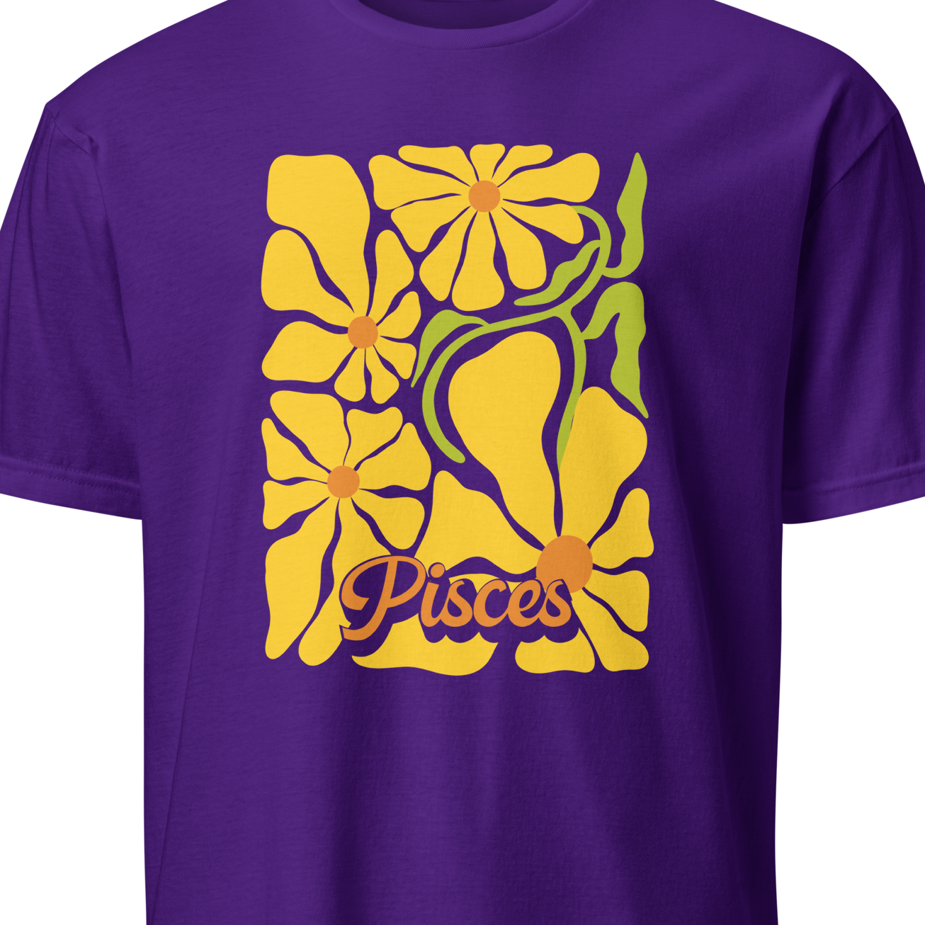 Purple t-shirt with yellow floral design and 'Pisces' text on a white background