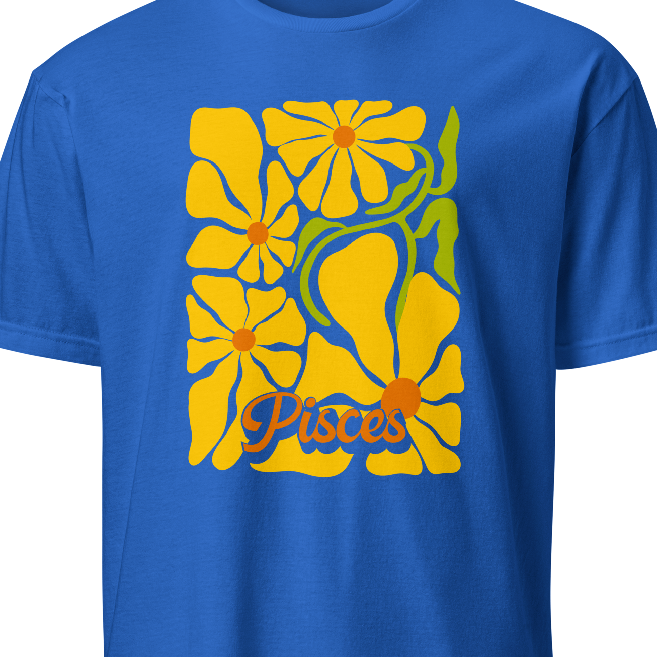Blue t-shirt with yellow floral design and 'Pisces' text on a white background