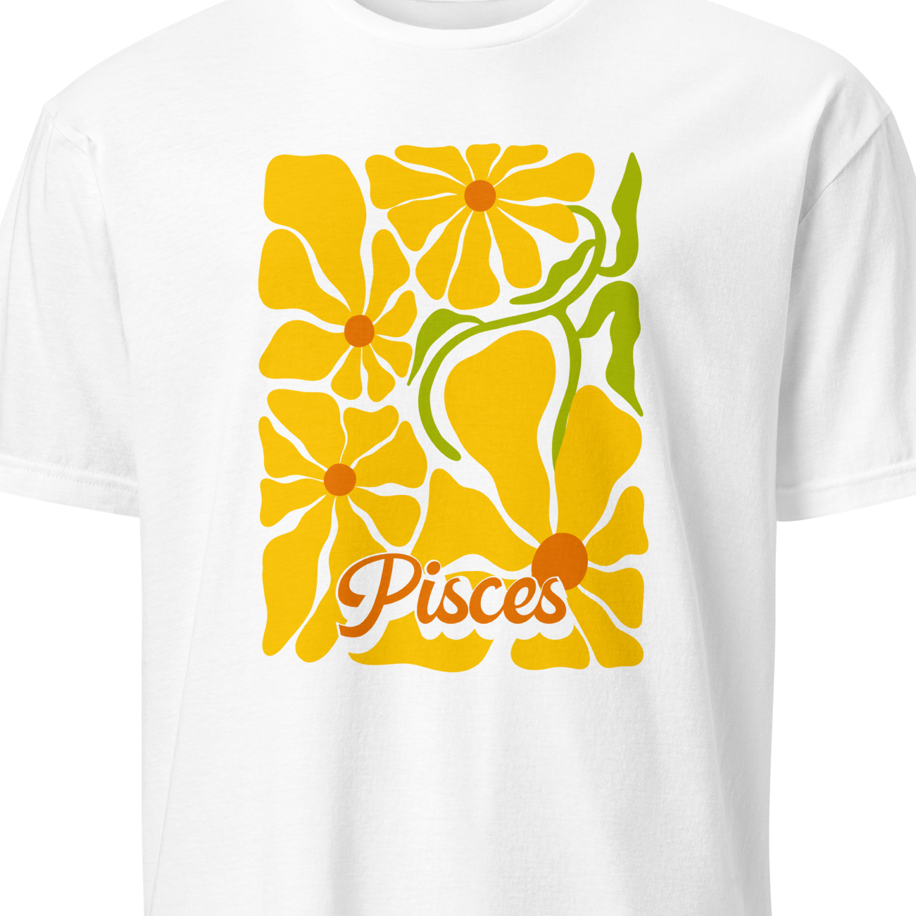 White t-shirt with yellow floral design and 'Pisces' text on a white background