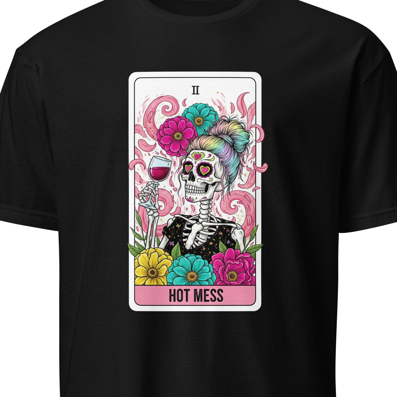 Black t-shirt with a colorful skeleton design and 'Hot Mess' text