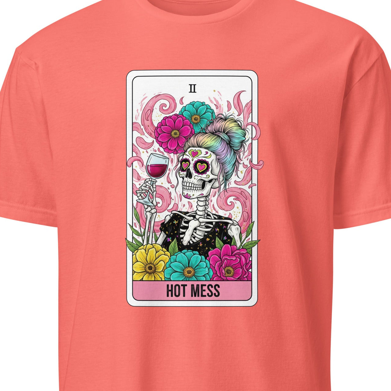 Coral t-shirt with a colorful skeleton and flowers design 
