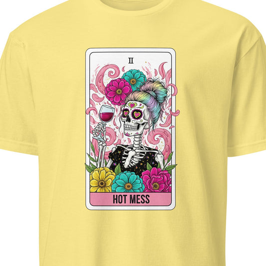Yellow t-shirt with a colorful skeleton design and 'Hot Mess' text