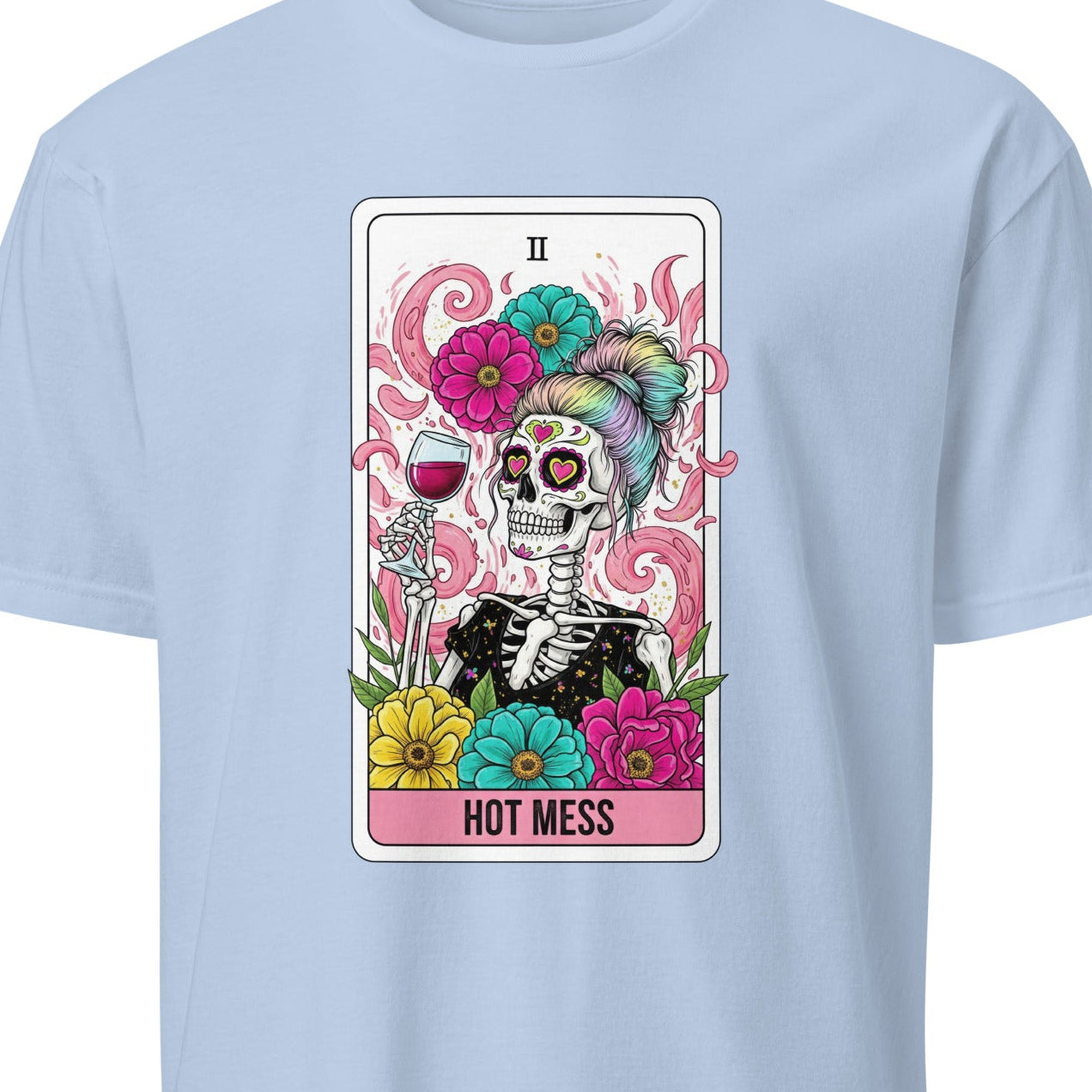 Light blue t-shirt with a colorful skeleton design and 'Hot Mess' text 