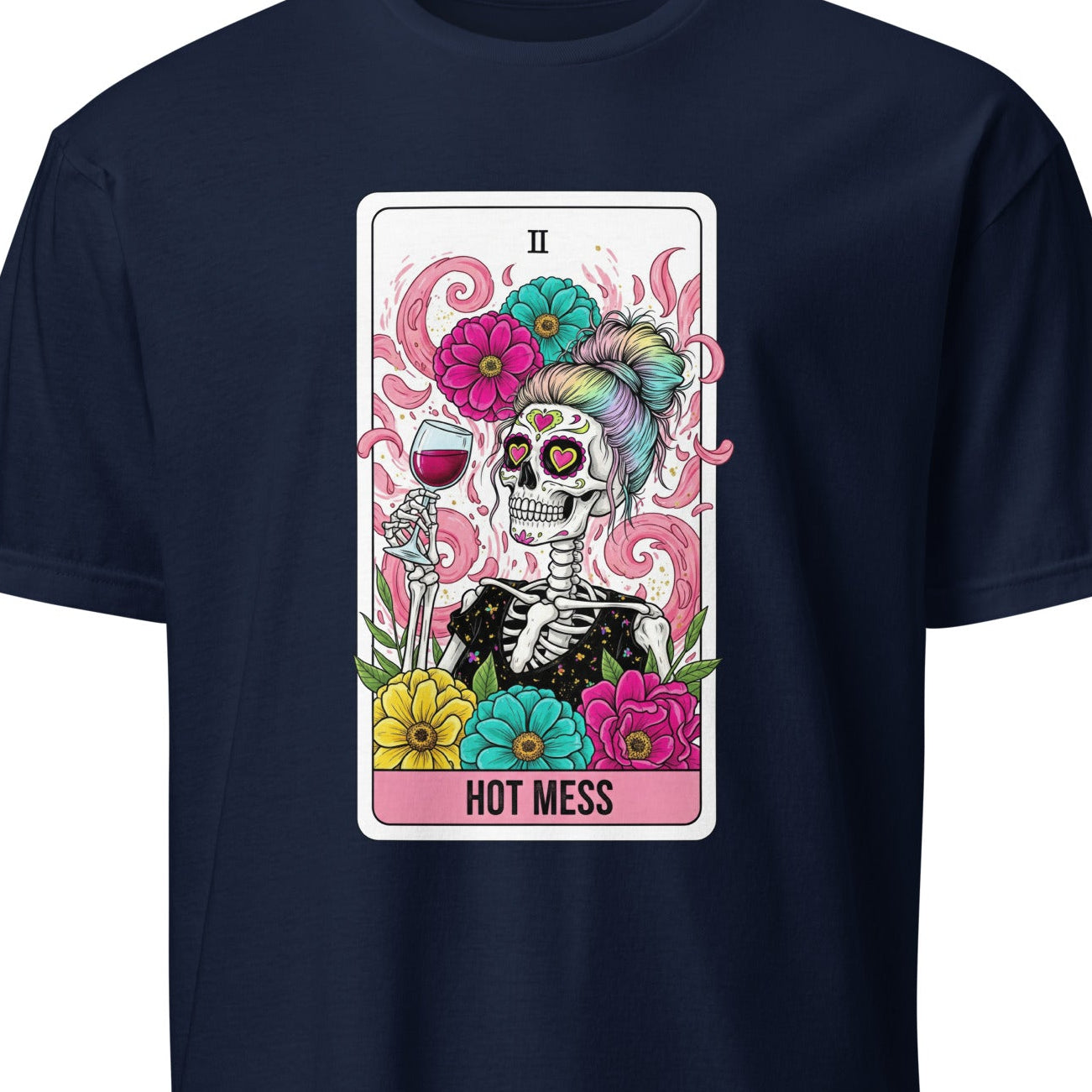 Navy blue t-shirt with a colorful skeleton design and 'Hot Mess' text 