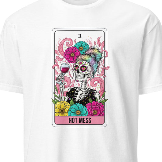 White t-shirt with a colorful skeleton design and 'Hot Mess' text on a white background