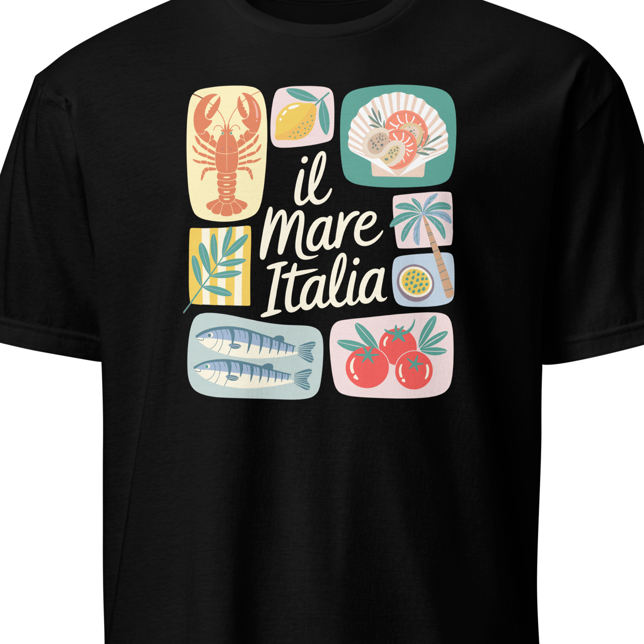 Black t-shirt with colorful graphics and text on a white background