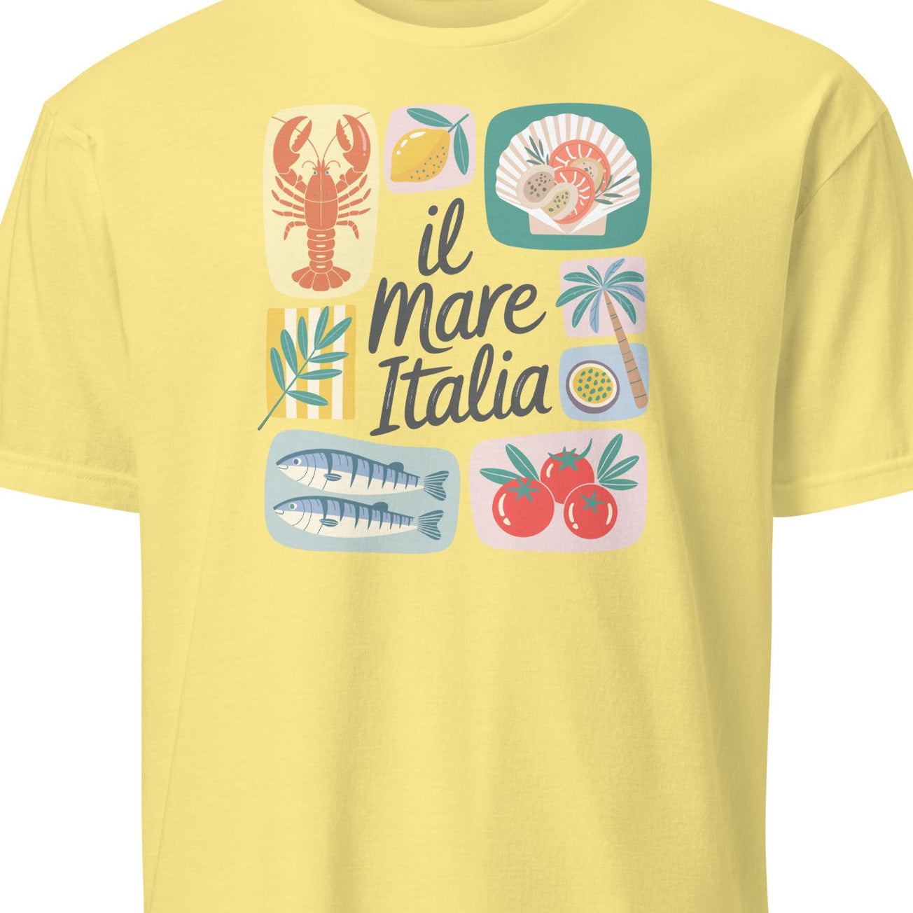 Yellow t-shirt with Italian-themed graphics and text on a white background