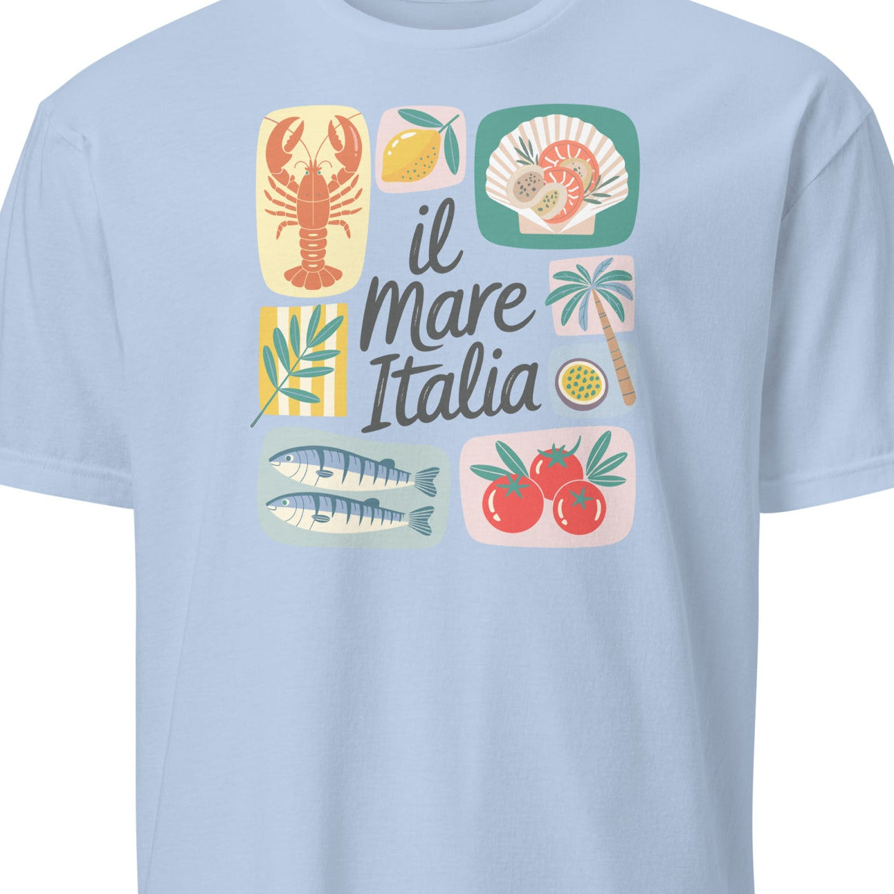 Light blue t-shirt with Italian-themed graphics on a white background
