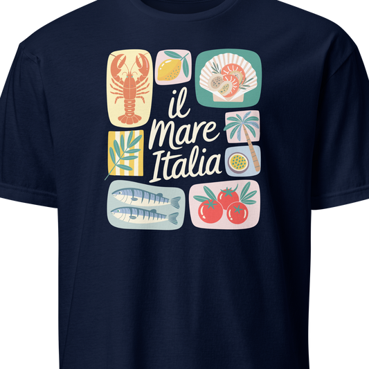 Navy blue t-shirt with colorful graphics and text on a white background