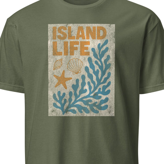 Green t-shirt with 'Island Life' graphic design 