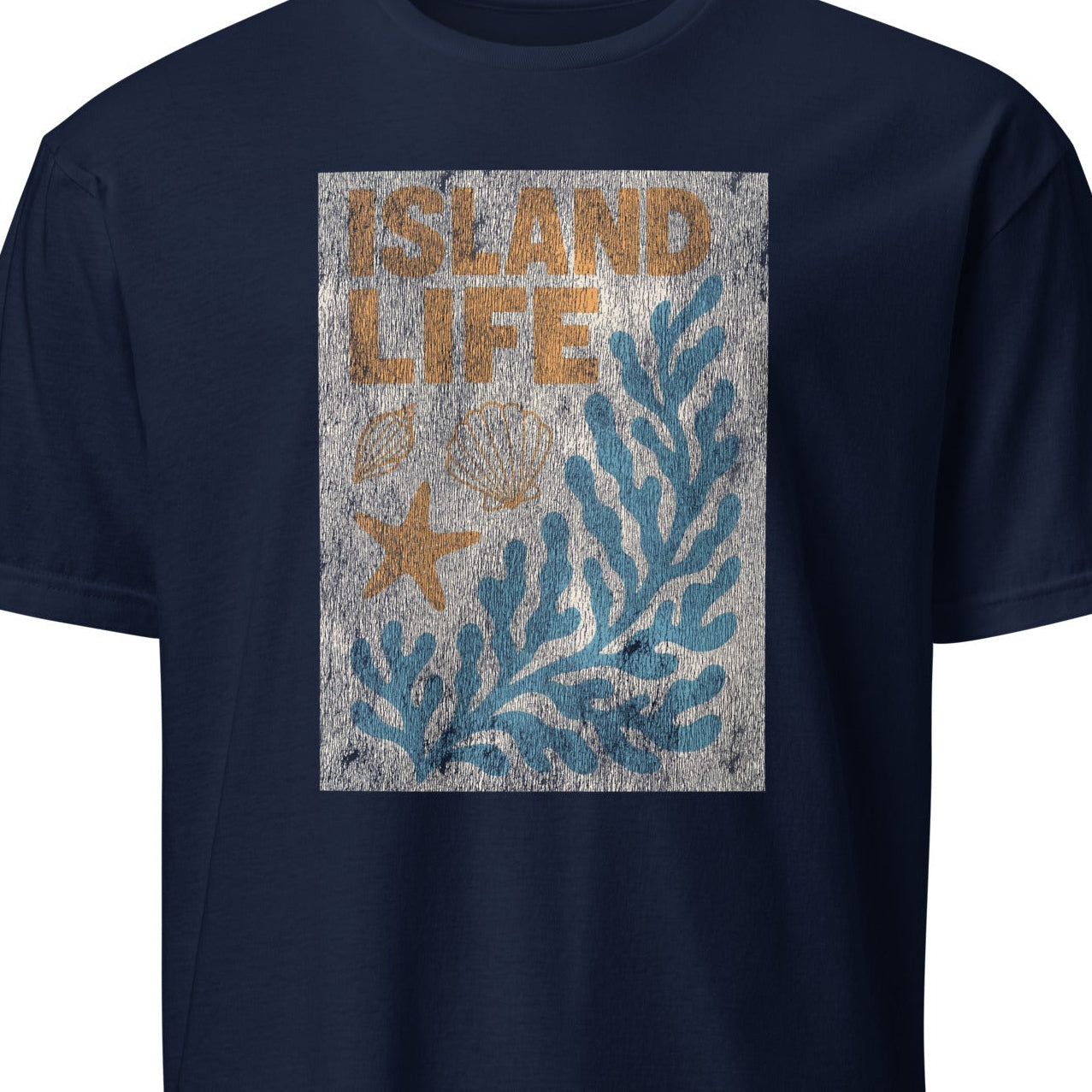 Navy blue t-shirt with 'Island Life' graphic design featuring text and sea-themed elements 