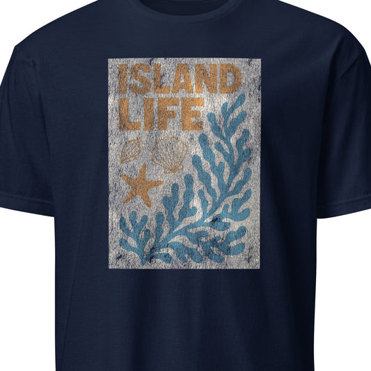 Navy blue t-shirt with 'Island Life' graphic design featuring text and sea-themed elements 