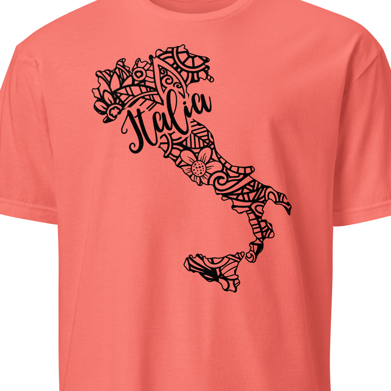 Coral t-shirt with black Italy map design 