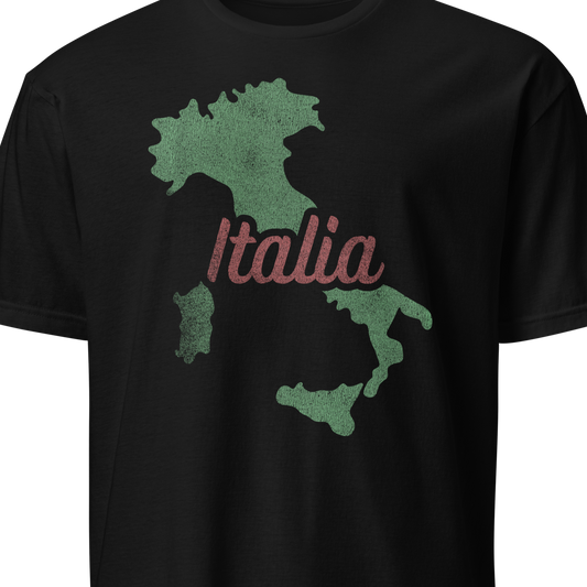 Black t-shirt with green map of Italy and 'Italia' text 