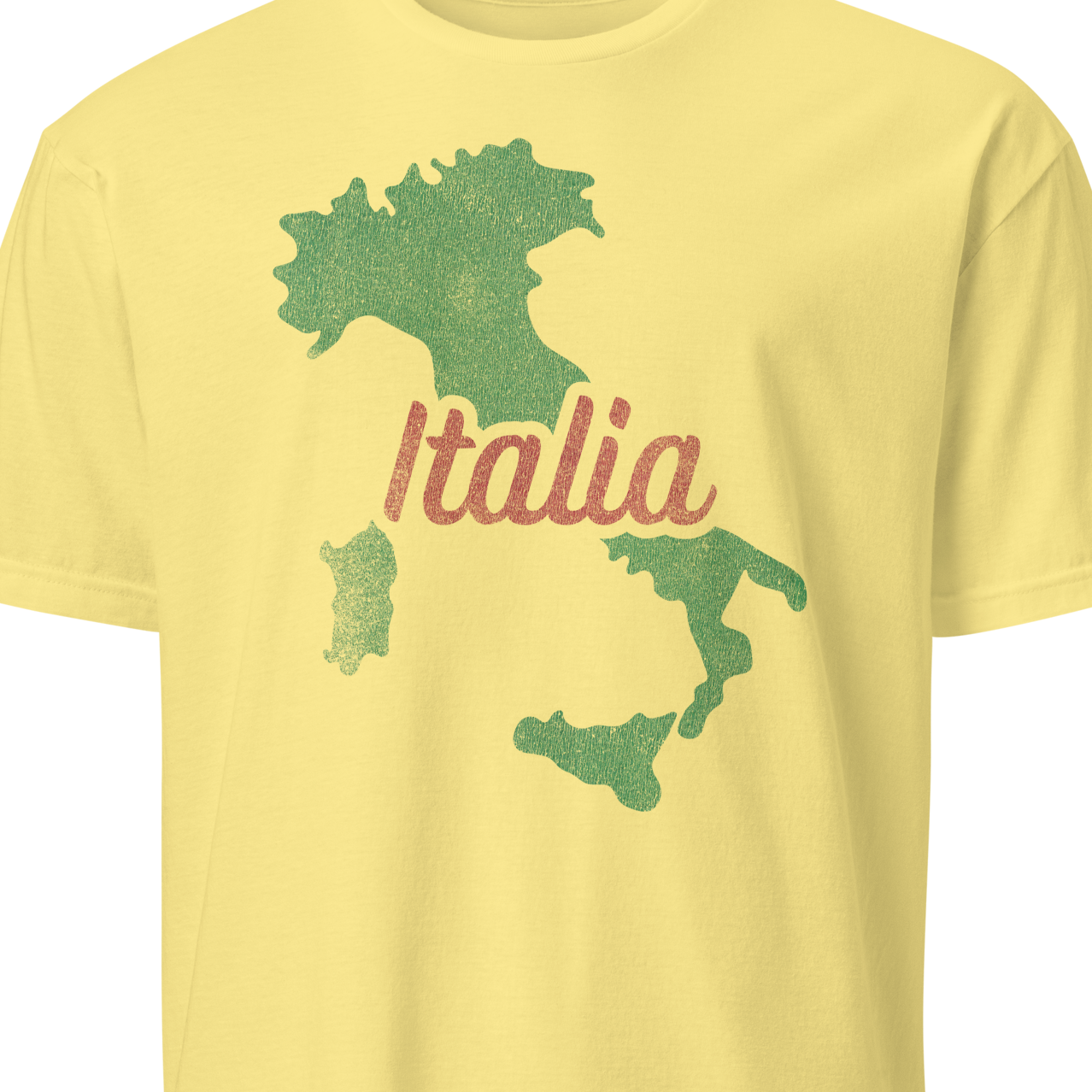 Yellow t-shirt with green map of Italy and 'Italia' text 
