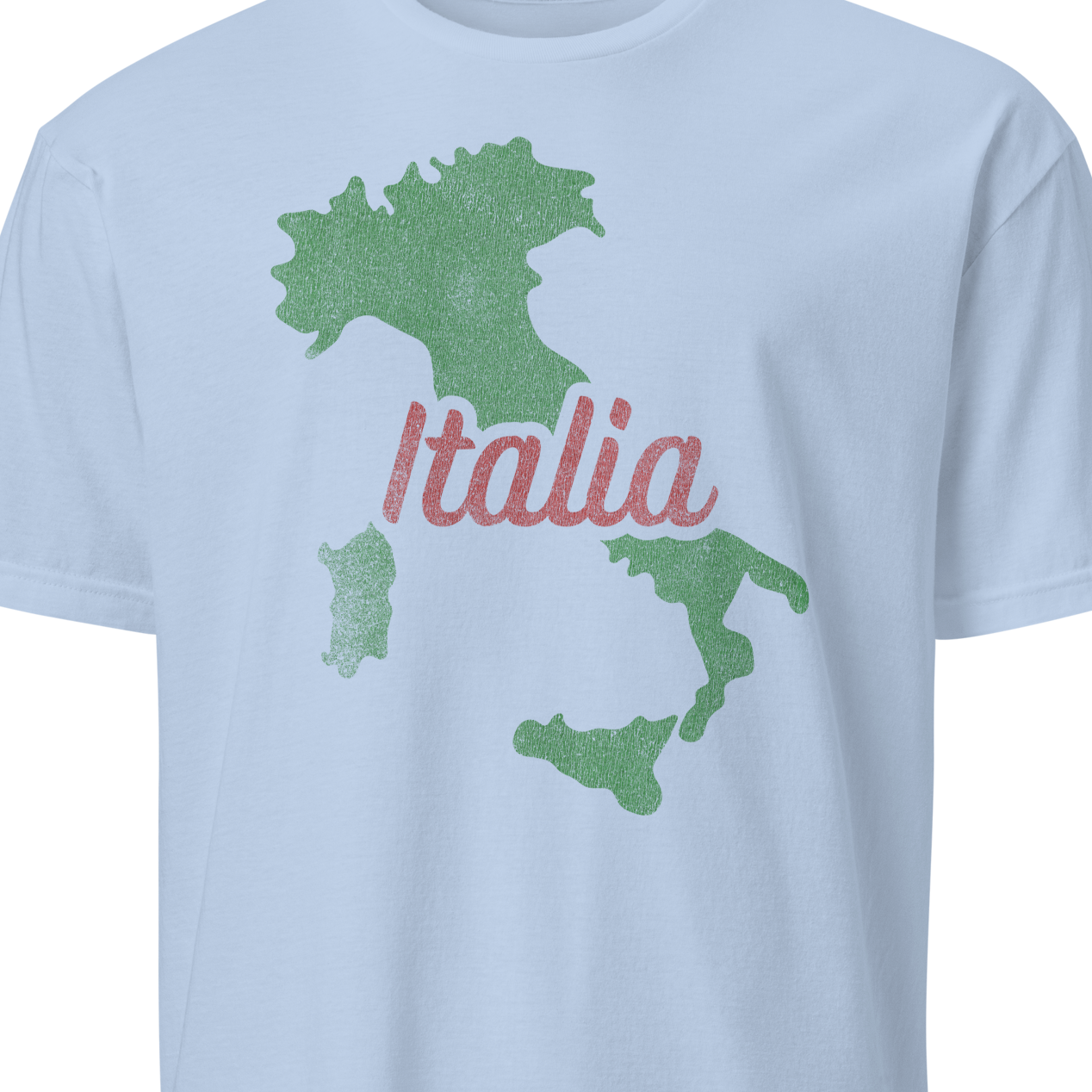 Light blue t-shirt with green map of Italy and 'Italia' text 
