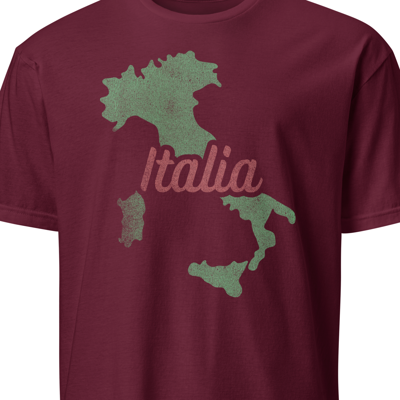 Maroon t-shirt with green map of Italy and 'Italia' text 
