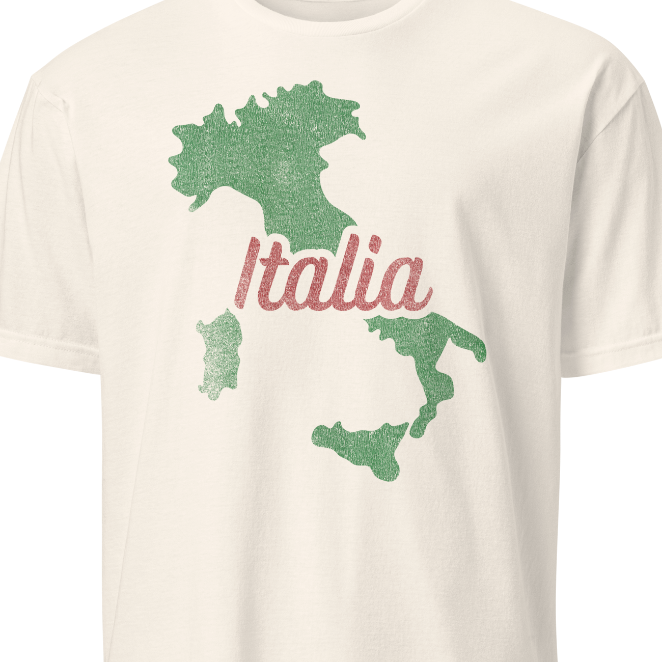 White t-shirt with green map of Italy and 'Italia' text 