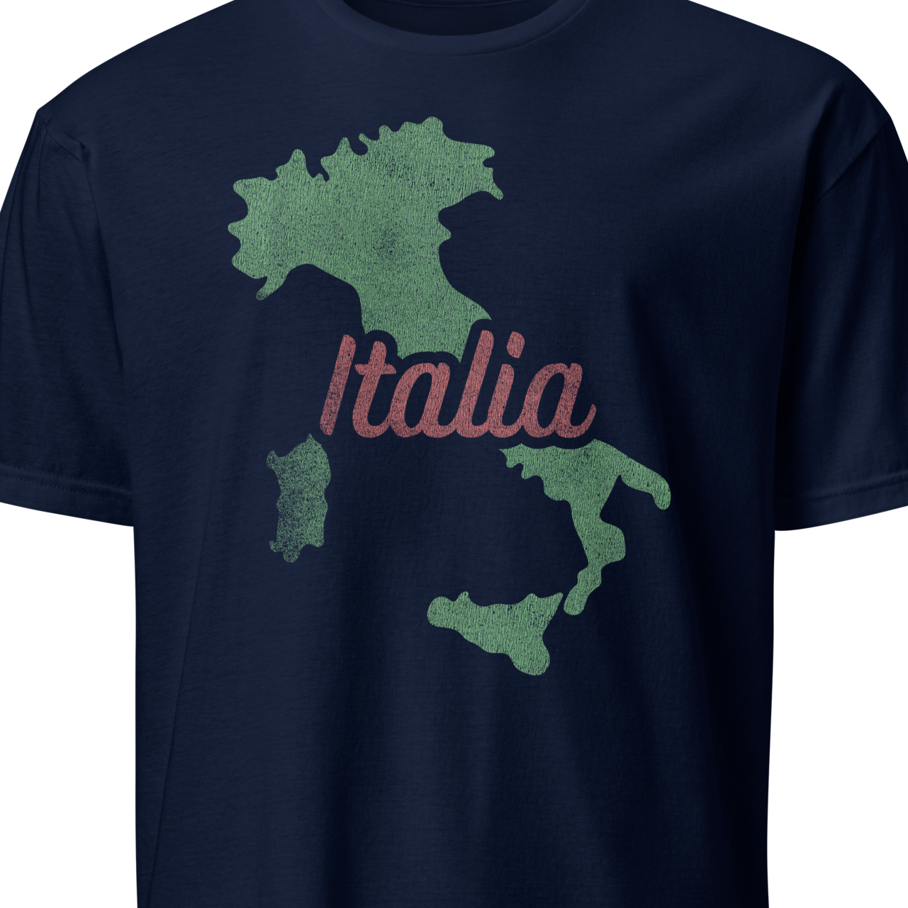 Navy blue t-shirt with green map of Italy and 'Italia' text 